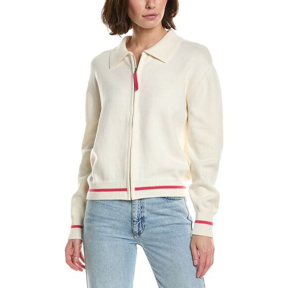Brodie Cashmere Sweaters - Brodie Cashmere Womens Varsity Zip Through Cashmere-Blend Jacket, White